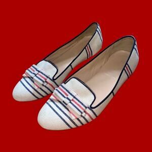 J. Crew White Blue & Red Woven Bow Detail Striped Canvas Leather Loafers (8)